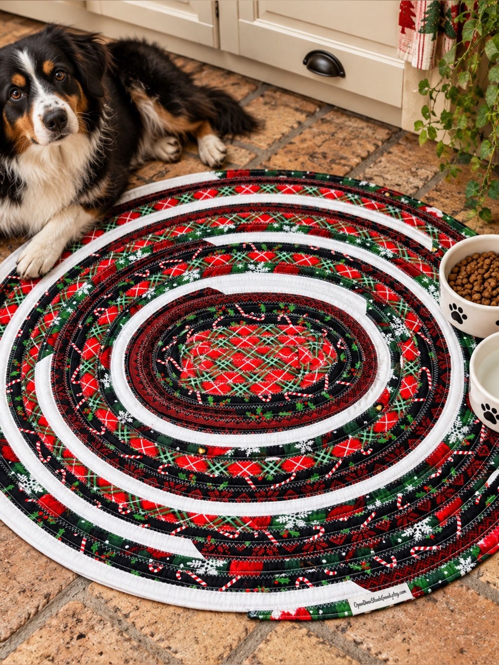 Handmade Christmas Pet Placemat, Jelly Roll Rug Bowl Mat (26x24 Inch)